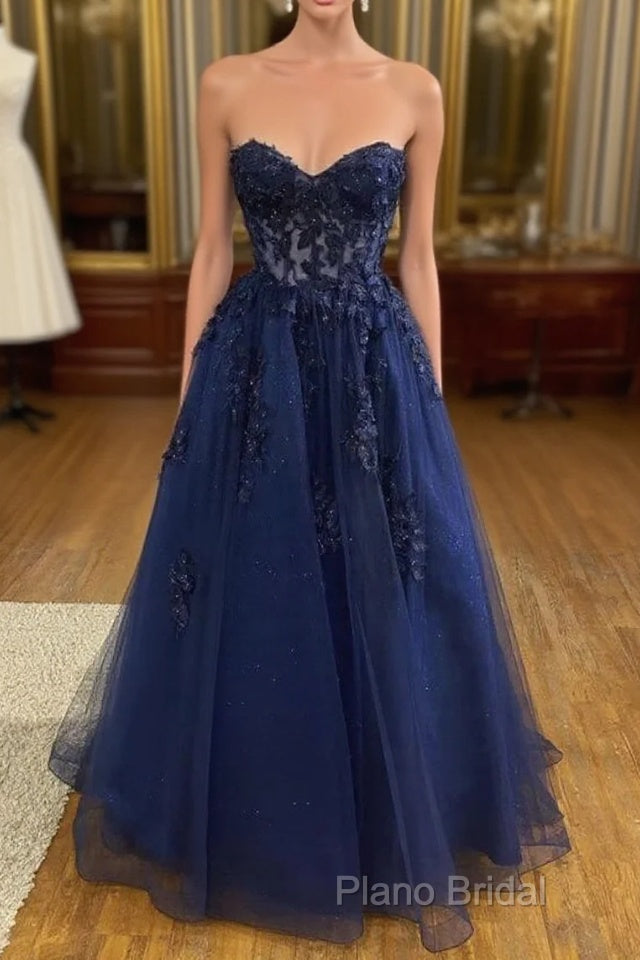 A Line Navy Blue Lace Long Formal Prom Dresses Strapless Graduation Formal Dresses Main image