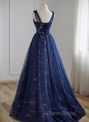 A-Line Navy Blue Tulle Beaded V-Neckline Party Dresses, Navy Blue Shiny Tulle Formal Prom Dresses