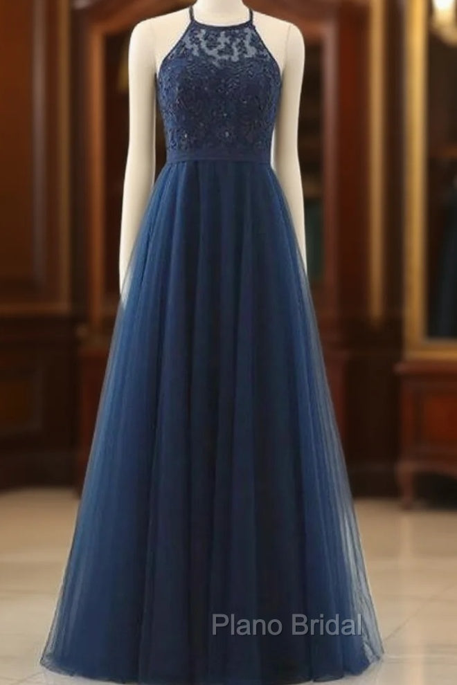 A-line Navy Blue Tulle Halter Crossed Back Long Formal Prom Dresses Main image