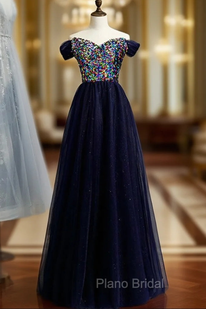 A-Line Navy Blue Tulle Sequins Off the Shoulder Formal Prom Dresses Main image