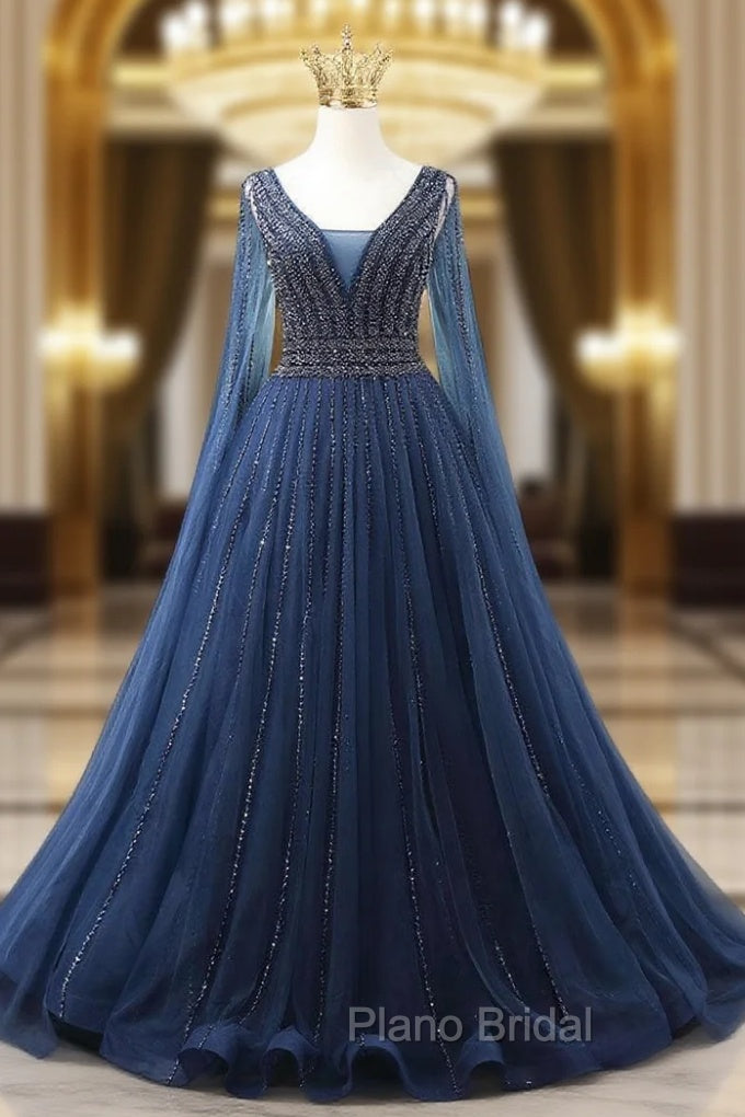 A-line Navy Blue V-neck Beading Formal Prom Dresses Main image
