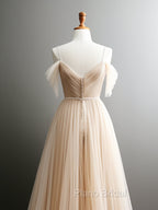 A-Line Off Shoulder Champagne Tulle Long Formal Prom Dresses, Champagne Long Evening Dresses