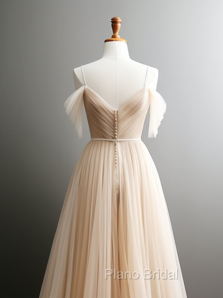 A-Line Off Shoulder Champagne Tulle Long Formal Prom Dresses, Champagne Long Evening Dresses