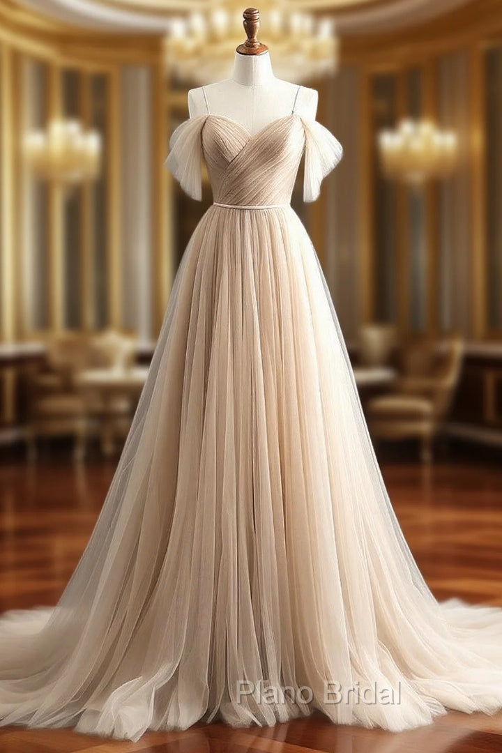 A-Line Off Shoulder Champagne Tulle Long Formal Prom Dresses, Champagne Long Evening Dresses