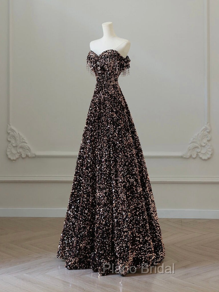 A-Line Off Shoulder Coffee Gold Sequin Long Formal Prom Dresses, Coffee Gold Formal Dresses Secondary image