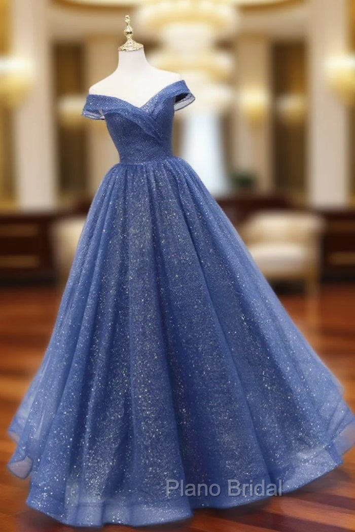 A-Line Off Shoulder Dark Blue Long Formal Prom Dresses, Shiny Tulle Long Graduation Dresses Main image