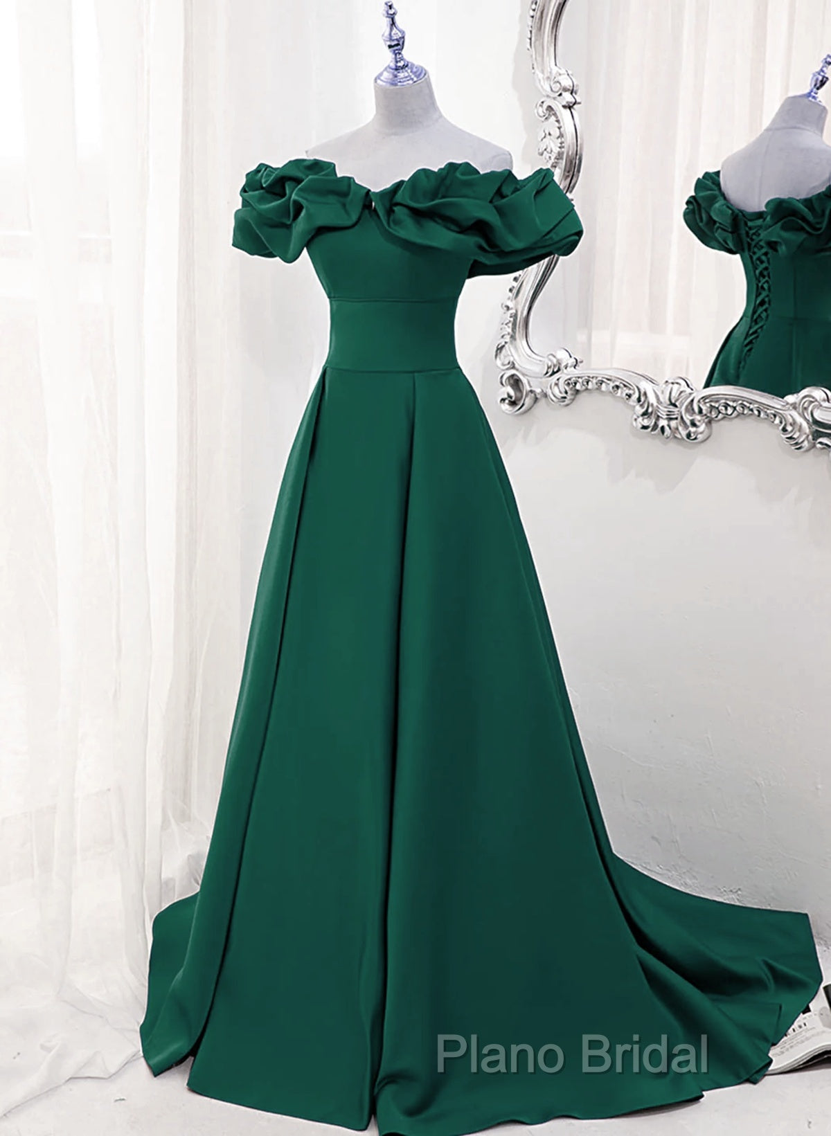 A-Line Off Shoulder Floor Length A-Line Long Formal Prom Dresses, Green Sweetheart Party Dresses