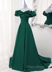 A-Line Off Shoulder Floor Length A-Line Long Formal Prom Dresses, Green Sweetheart Party Dresses