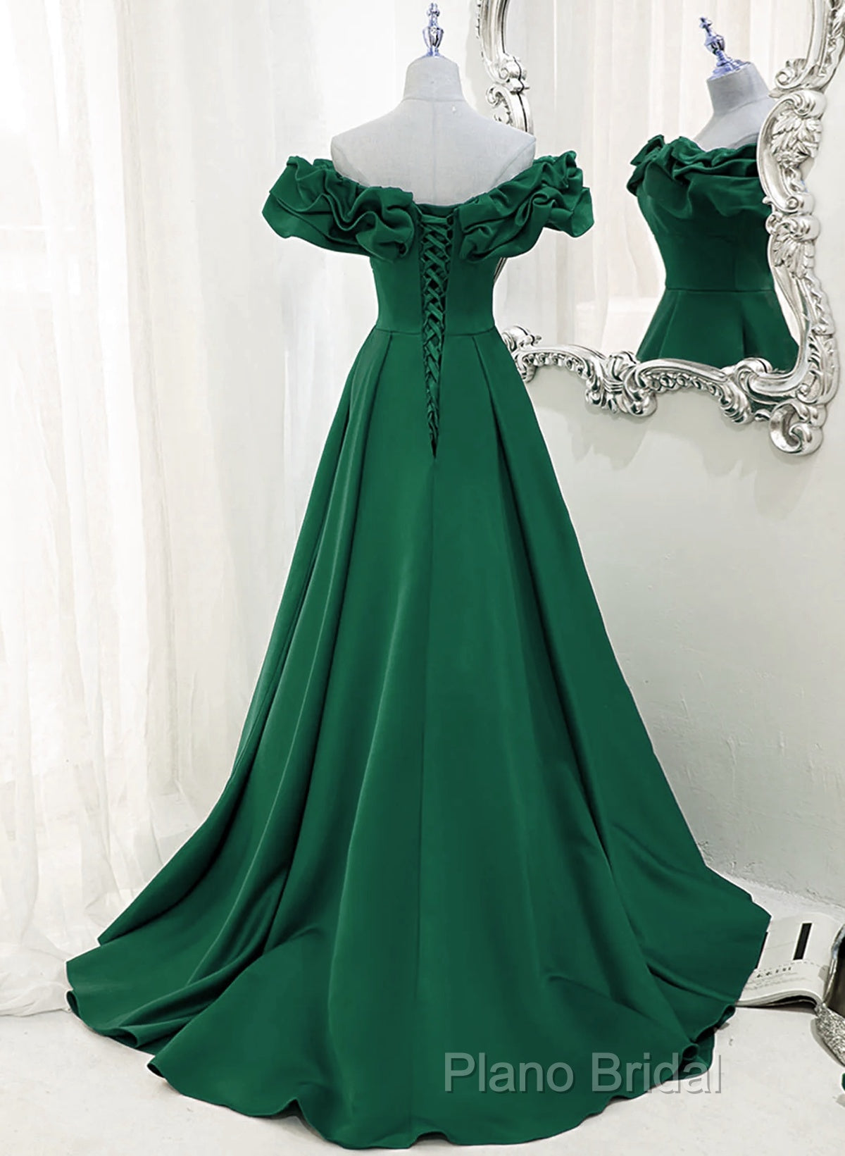A-Line Off Shoulder Floor Length A-Line Long Formal Prom Dresses, Green Sweetheart Party Dresses