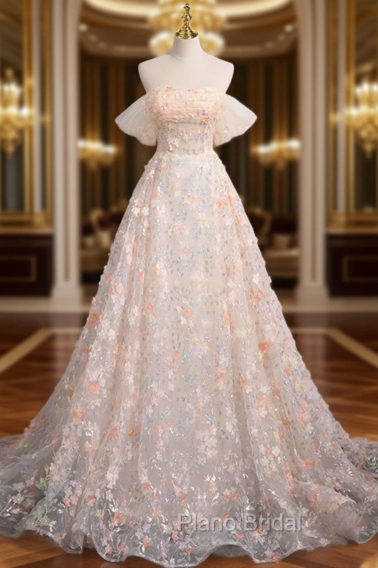A-Line Off Shoulder Flowers Lace Formal Dresses, Long Formal Prom Dresses Main image