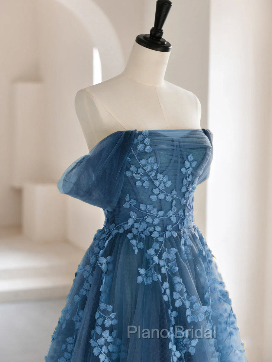 A-line Off Shoulder Gray Blue Tulle Long Formal Prom Dresses, Gray Blue Long Formal Dresses Secondary image