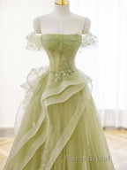A-Line Off Shoulder Green Lace Long Formal Prom Dress, Green Formal Dress
