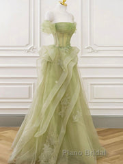 A-Line Off Shoulder Green Lace Long Formal Prom Dress, Green Formal Dress