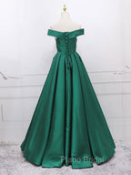 A-Line Off Shoulder Green Satin Long Formal Prom Dresses, Green Evening Dresses