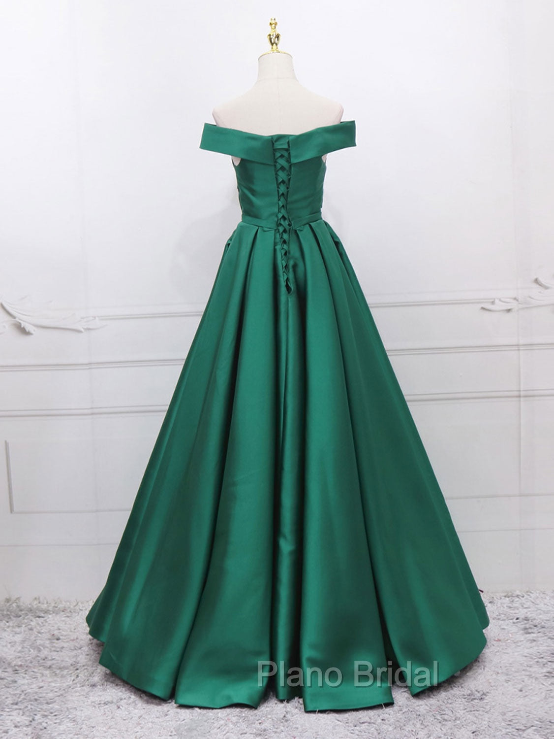 A-Line Off Shoulder Green Satin Long Formal Prom Dresses, Green Evening Dresses