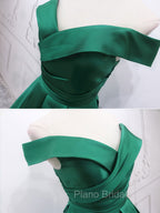 A-Line Off Shoulder Green Satin Long Formal Prom Dresses, Green Evening Dresses