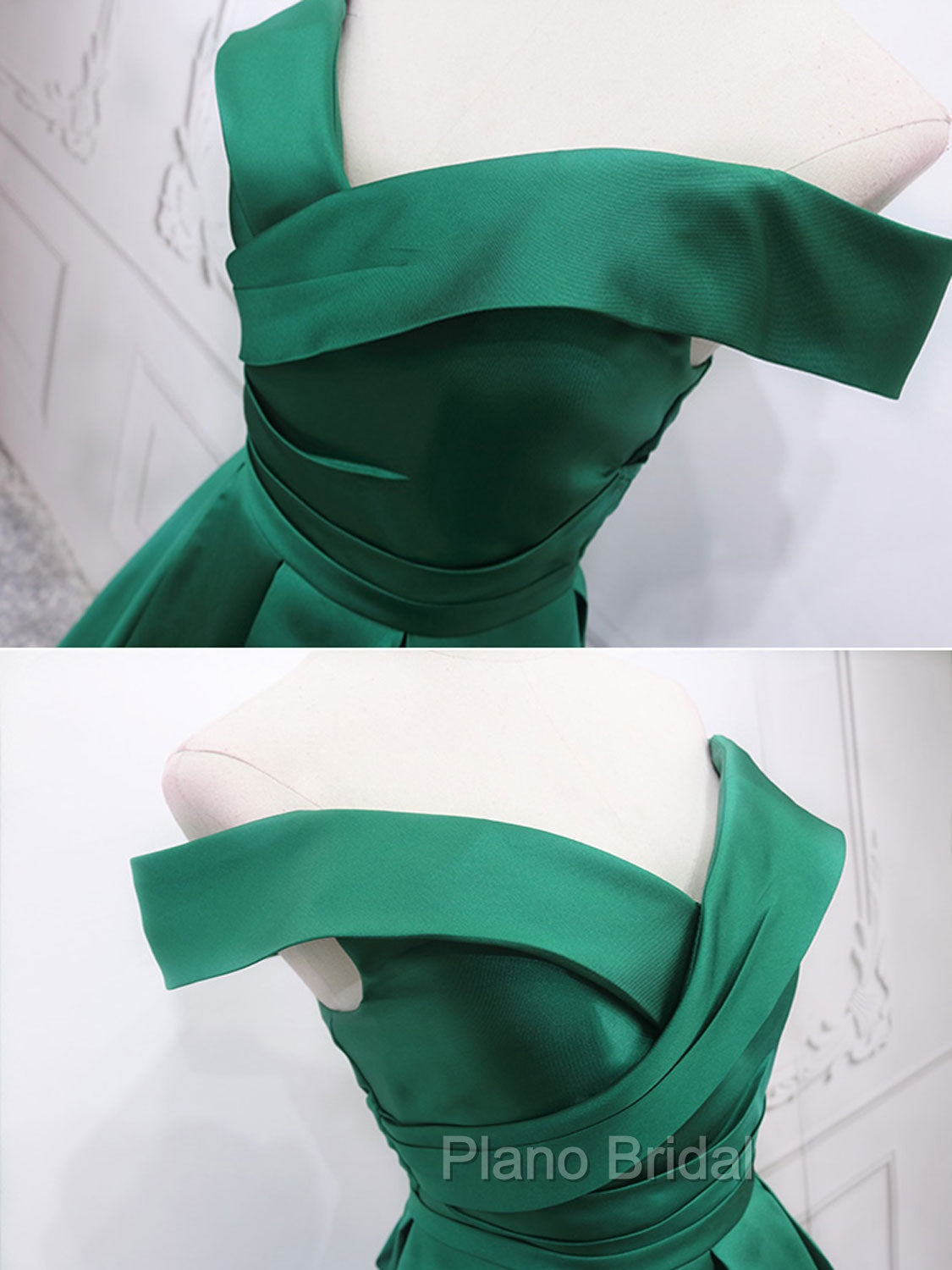 A-Line Off Shoulder Green Satin Long Formal Prom Dresses, Green Evening Dresses