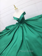 A-Line Off Shoulder Green Satin Long Formal Prom Dresses, Green Evening Dresses