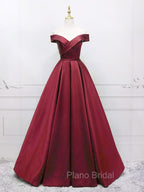 A-Line Off Shoulder Green Satin Long Formal Prom Dresses, Green Evening Dresses