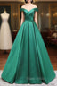 A-Line Off Shoulder Green Satin Long Formal Prom Dresses, Green Evening Dresses