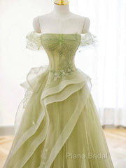 A Line Off Shoulder Green Tulle Long Formal Prom Dresses
