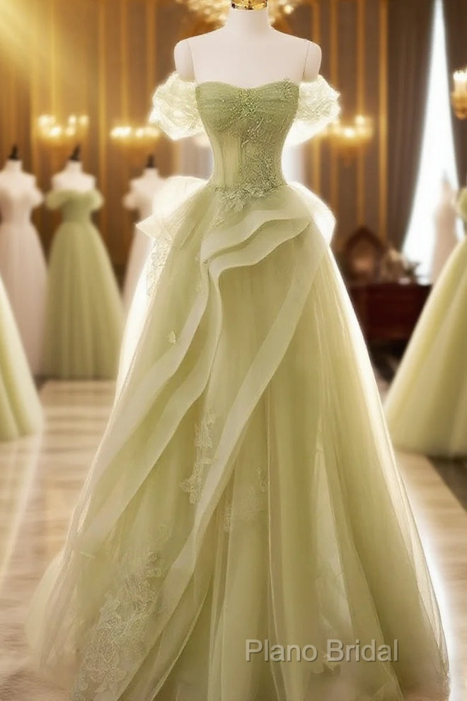 A Line Off Shoulder Green Tulle Long Formal Prom Dresses Main image