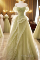A Line Off Shoulder Green Tulle Long Formal Prom Dresses