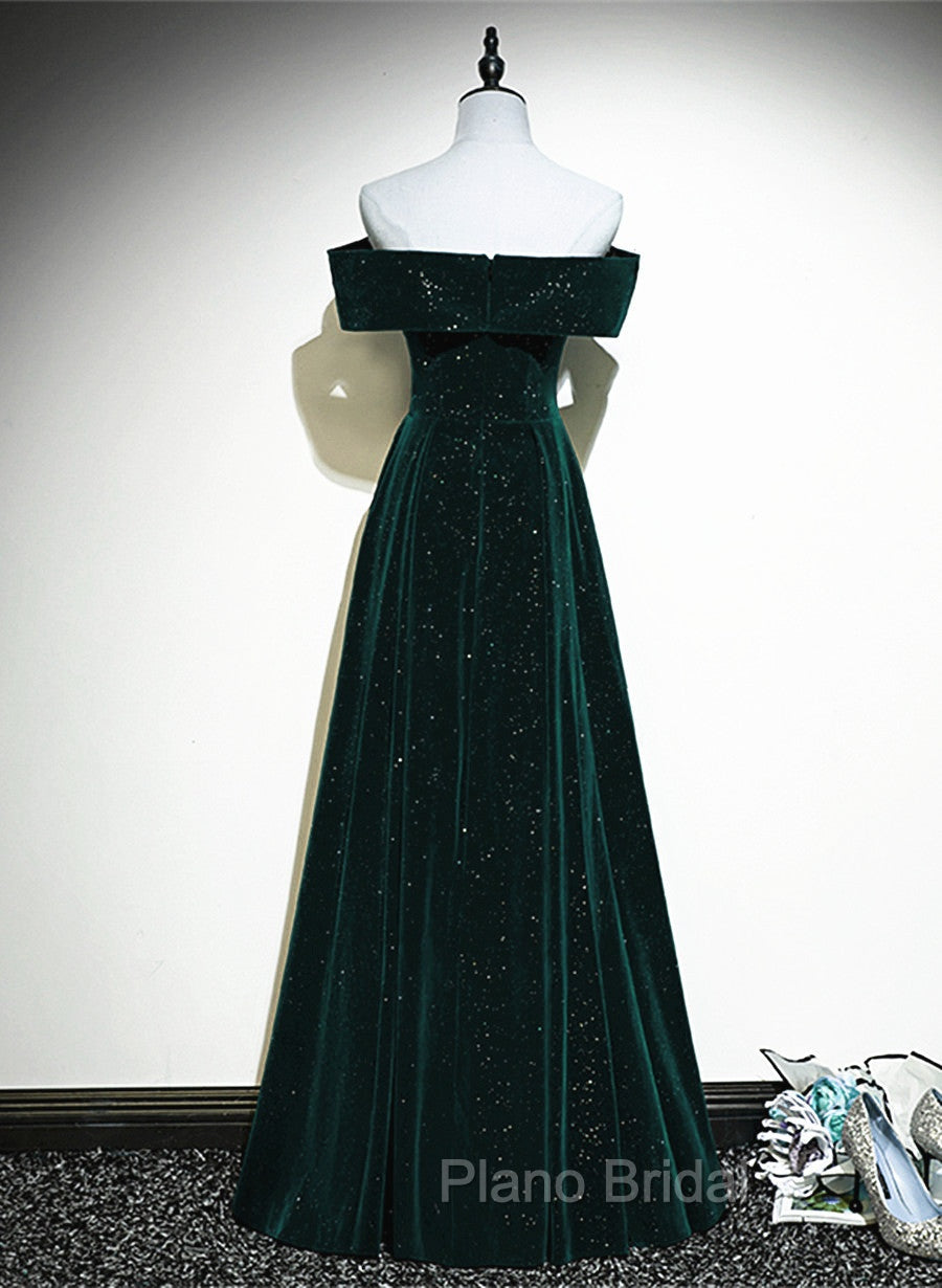 A-line Off Shoulder Green Velvet Simple Party Dresses, Green Formal Prom Dresses Formal Dresses