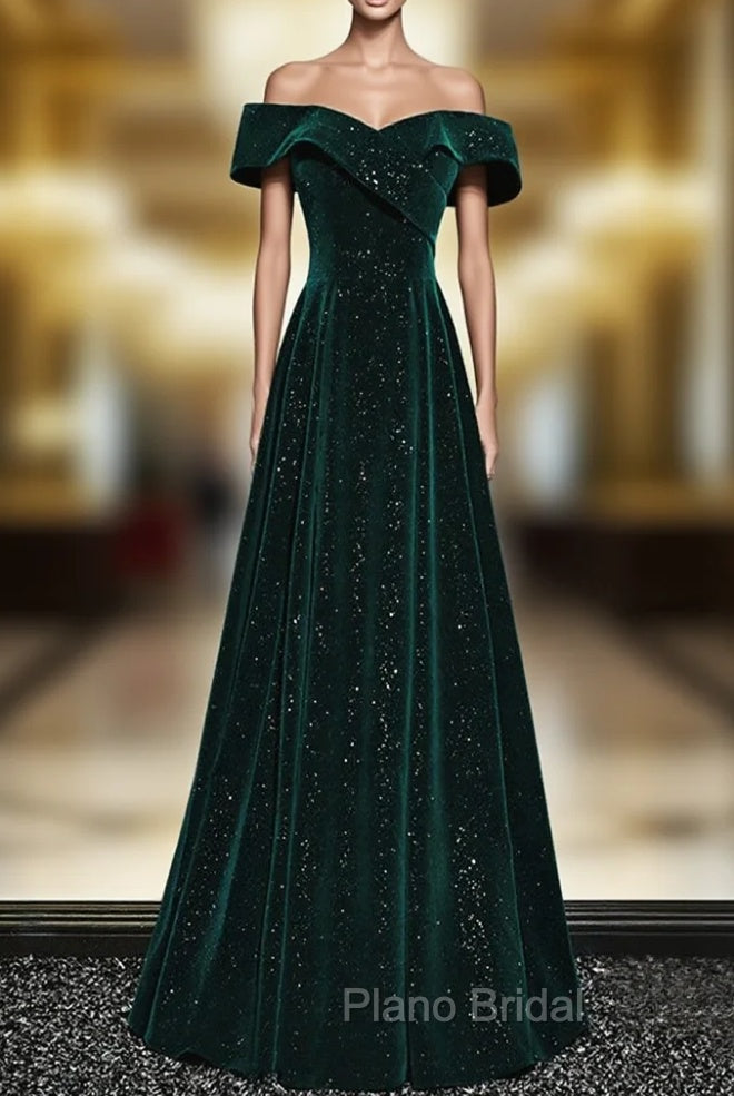 A-line Off Shoulder Green Velvet Simple Party Dresses, Green Formal Prom Dresses Formal Dresses Main image