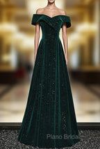 A-line Off Shoulder Green Velvet Simple Party Dresses, Green Formal Prom Dresses Formal Dresses