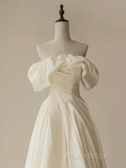A-Line Off Shoulder Ivory Satin Long Formal Prom Dresses, Ivory Long Formal Dresses
