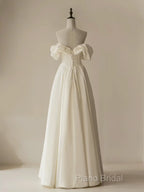 A-Line Off Shoulder Ivory Satin Long Formal Prom Dresses, Ivory Long Formal Dresses