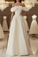 A-Line Off Shoulder Ivory Satin Long Formal Prom Dresses, Ivory Long Formal Dresses