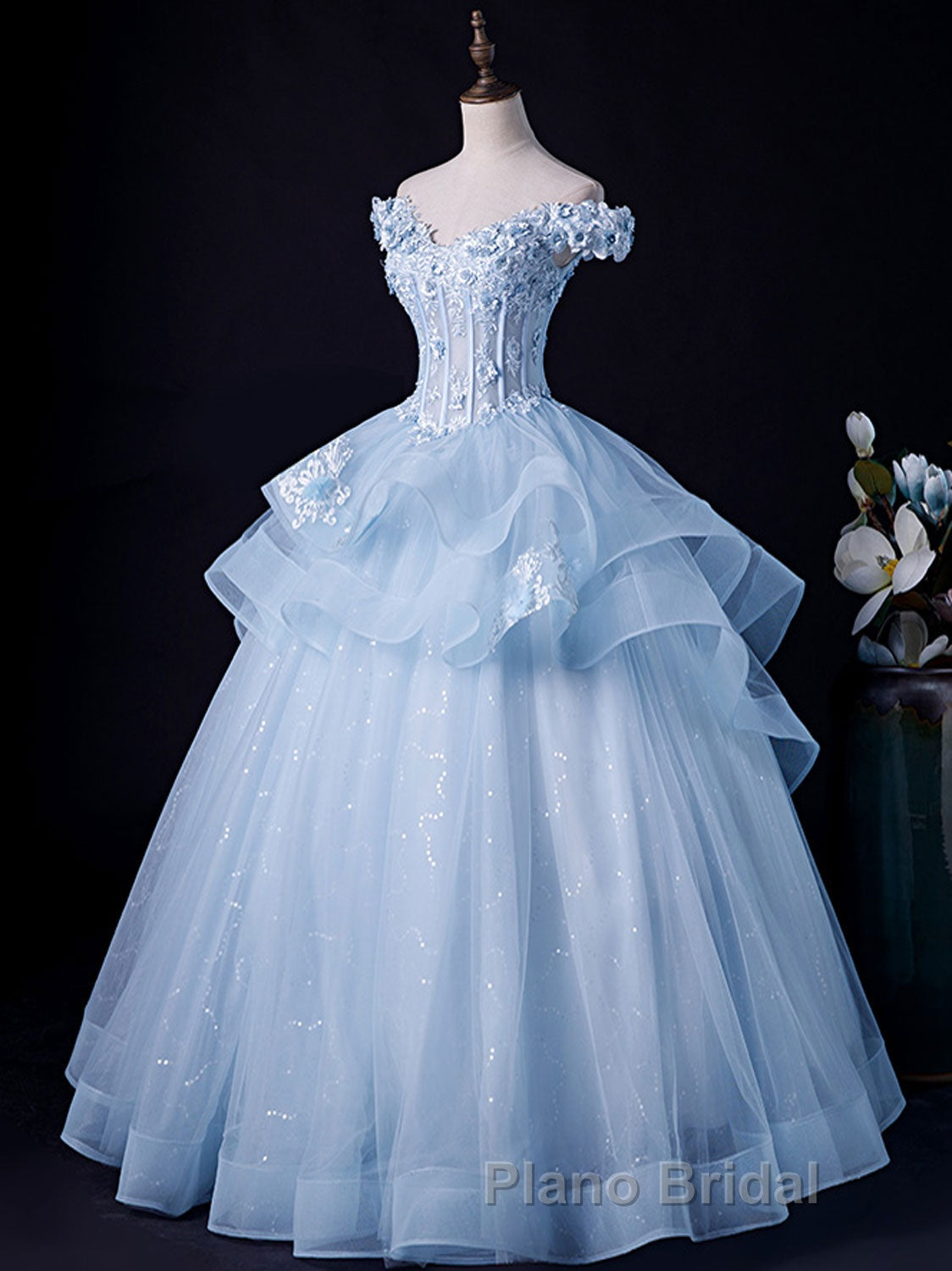 A-Line Off Shoulder Lace Tulle Blue Long Formal Prom Dress, Blue Sweet 16 Dress