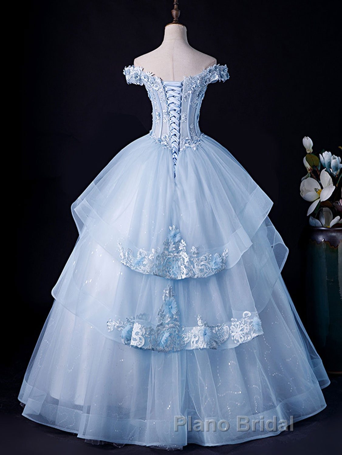 A-Line Off Shoulder Lace Tulle Blue Long Formal Prom Dress, Blue Sweet 16 Dress