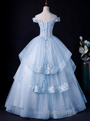 A-Line Off Shoulder Lace Tulle Blue Long Formal Prom Dress, Blue Sweet 16 Dress
