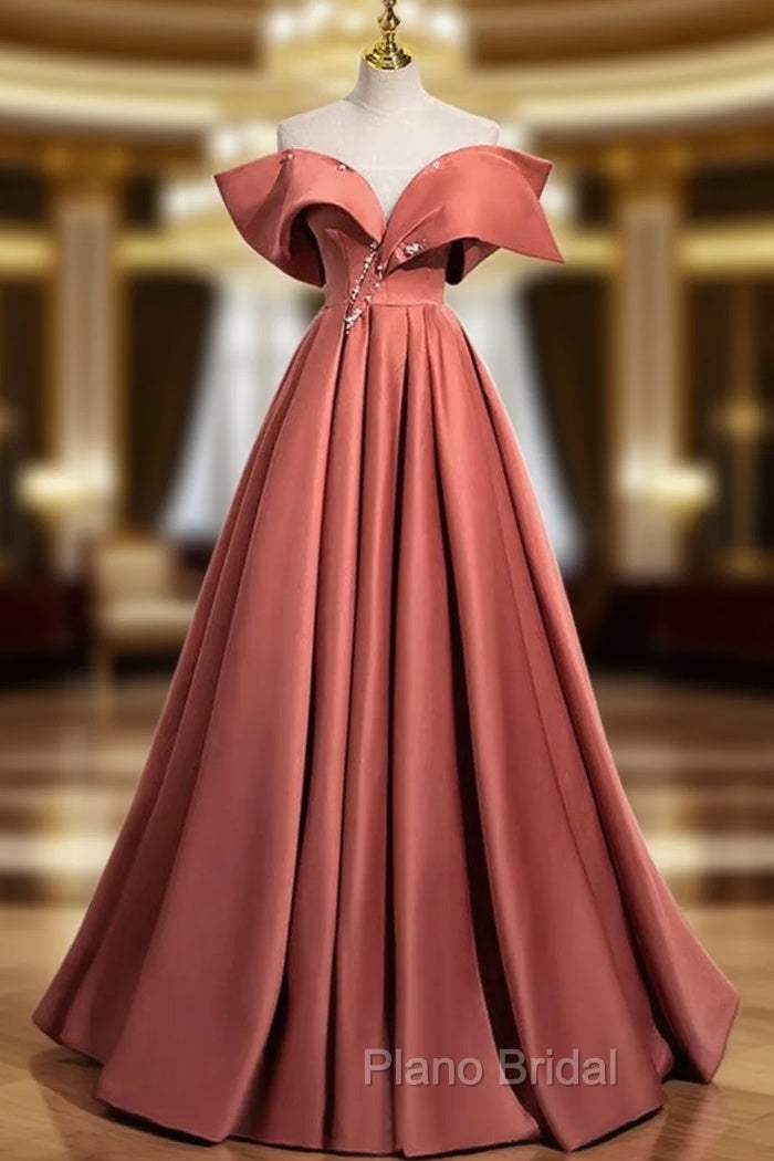 A-Line Off Shoulder Off Shoulder Satin Long Formal Prom Dresses, Watermelon Red Long Formal Dresses