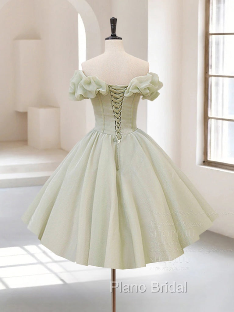 A-Line Off Shoulder Organza Green Short Formal Prom Dresses,Cute Homecoming Dresses with Beads Secondary image