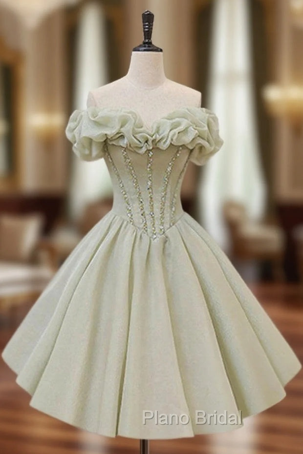 A-Line Off Shoulder Organza Green Short Formal Prom Dresses,Cute Homecoming Dresses with Beads Main image