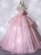 A-Line Off Shoulder Organza Lace Pink Long Formal Prom Dresses. Pink Sweet 16 Dresses