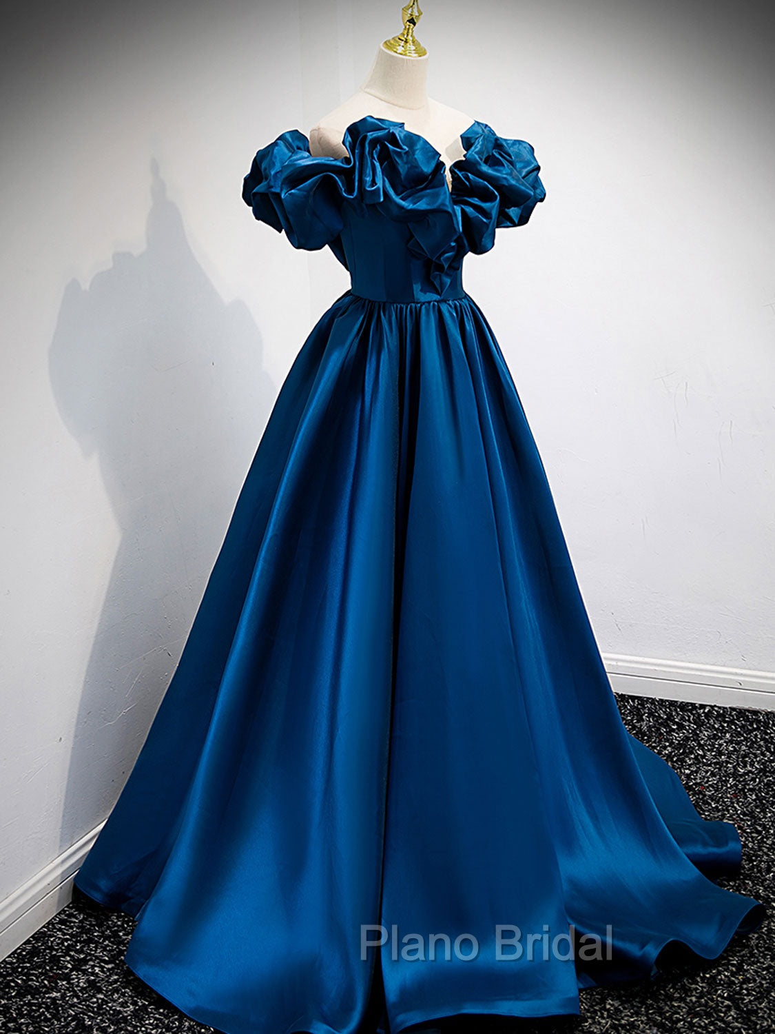 A-Line Off Shoulder Satin Blue Long Formal Prom Dresses, Blue Evening Dresses Secondary image