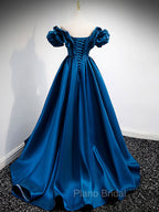 A-Line Off Shoulder Satin Blue Long Formal Prom Dresses, Blue Evening Dresses