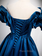 A-Line Off Shoulder Satin Blue Long Formal Prom Dresses, Blue Evening Dresses