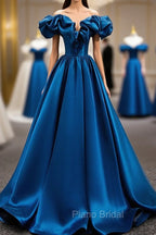 A-Line Off Shoulder Satin Blue Long Formal Prom Dresses, Blue Evening Dresses