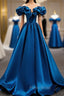 A-Line Off Shoulder Satin Blue Long Formal Prom Dresses, Blue Evening Dresses