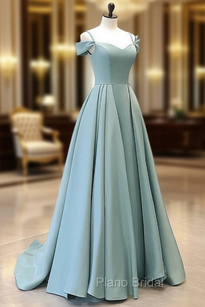 A-Line Off Shoulder Satin Blue Long Formal Prom Dresses, Blue Long Evening Dresses Main image