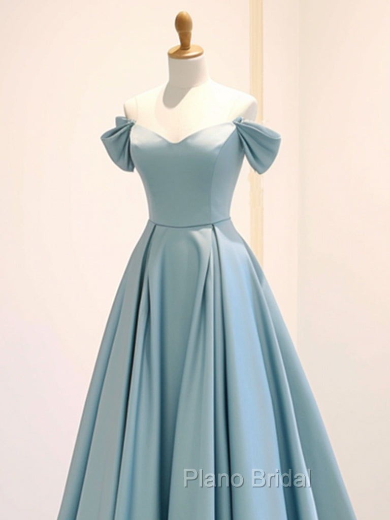 A-Line Off Shoulder Satin Blue Long Formal Prom Dresses, Blue Long Formal Dresses Secondary image
