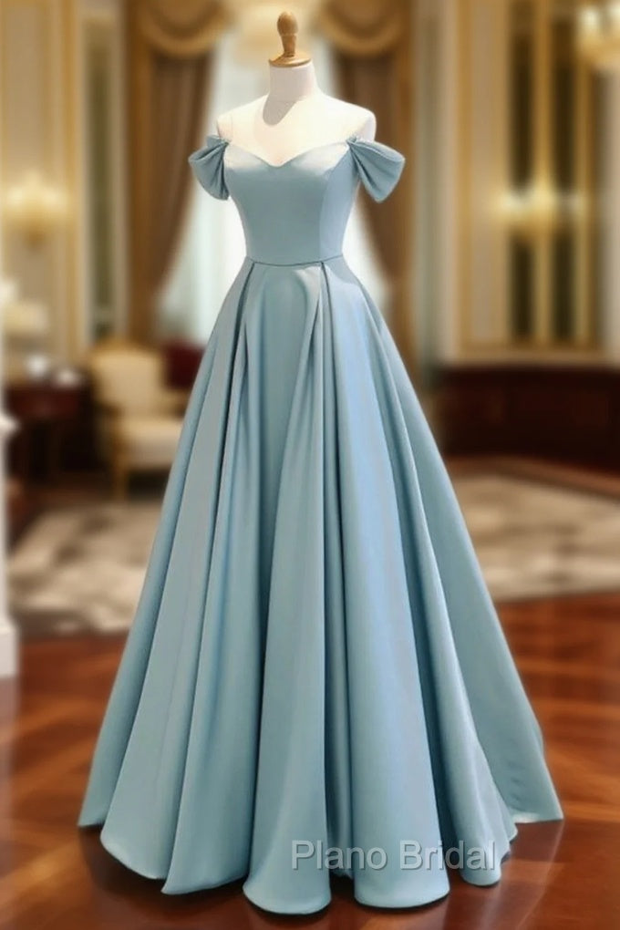 A-Line Off Shoulder Satin Blue Long Formal Prom Dresses, Blue Long Formal Dresses Main image