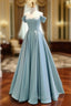 A-Line Off Shoulder Satin Blue Long Formal Prom Dresses, Blue Long Formal Dresses