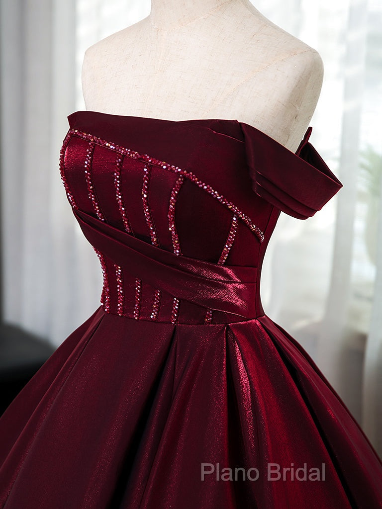 A-Line Off Shoulder Satin Burgundy Long Formal Prom Dresses, Burgundy Formal Dresses With Beads Secondary image